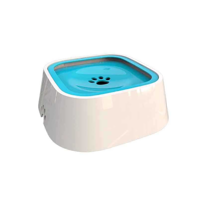 Pet water fountain with blue top and white base on a white background.