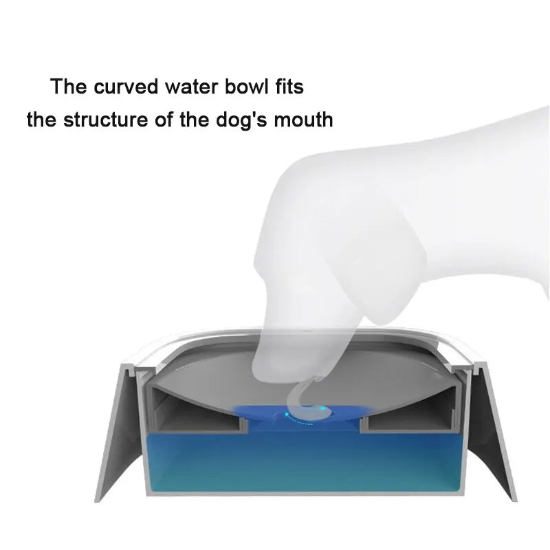 Dog drinking from a curved water bowl with text explaining its design.