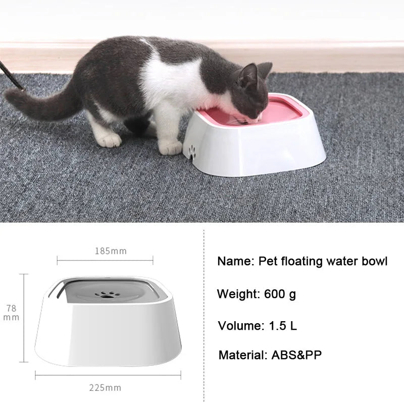 Cat drinking from a pet floating water bowl on a textured surface.