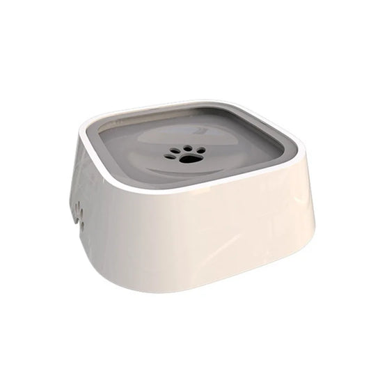 Square pet water bowl with gray interior and white exterior on a white background.