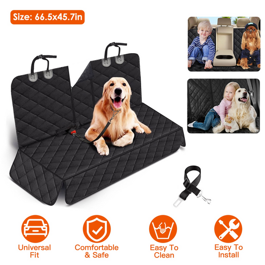Black car seat cover with a dog on it, featuring text and icons about product features.
