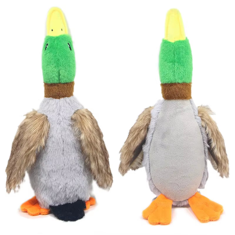Plush toy duck with green head and gray body