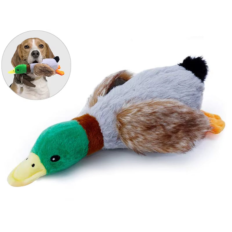 Plush toy duck with green head and gray body