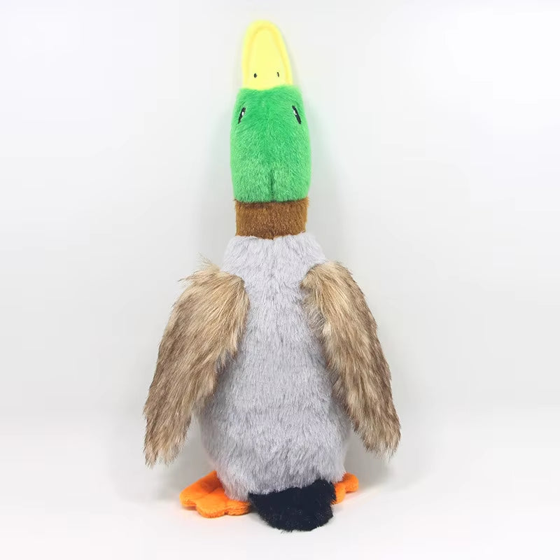 Plush toy duck with green head and gray body