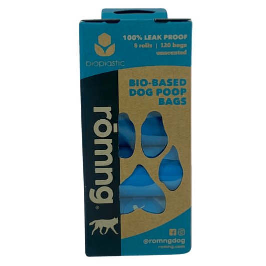 Packaging of romng bio-based dog poop bags on a gray background