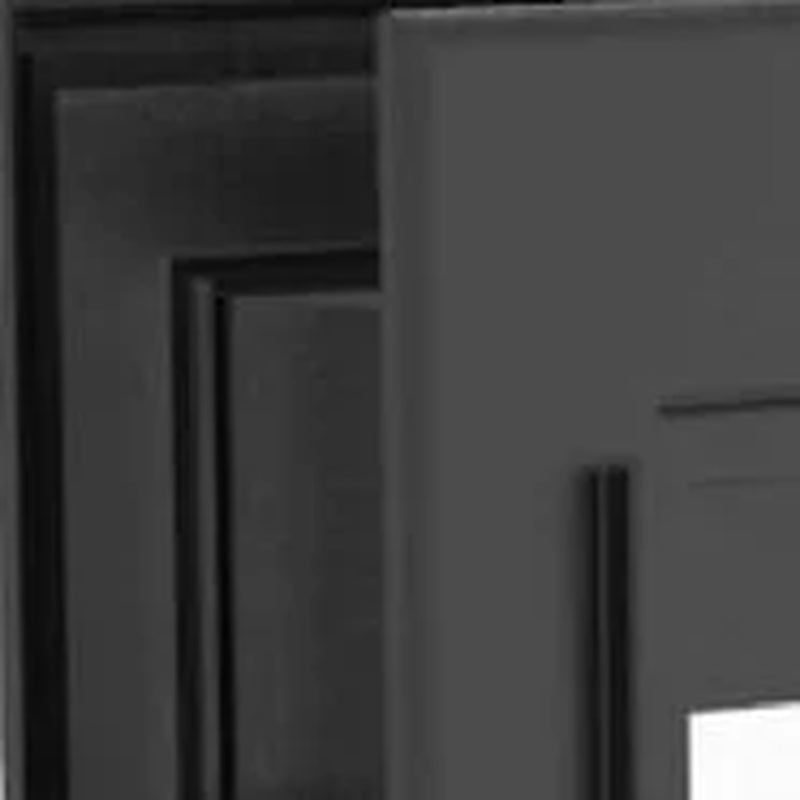 Close-up of a black cabinet door with a visible brand logo.
