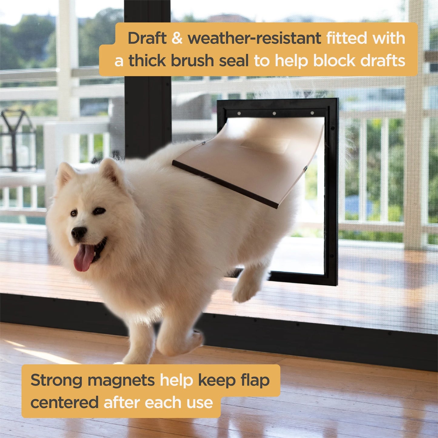 Dog using a Pet Door with text highlighting features like Draft Resistance and Strong Magnets.