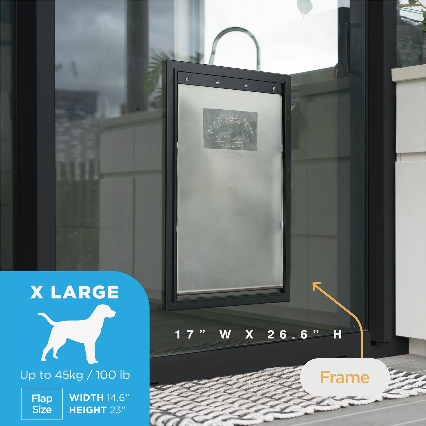 Dog Door with size and weight information displayed on a glass door.