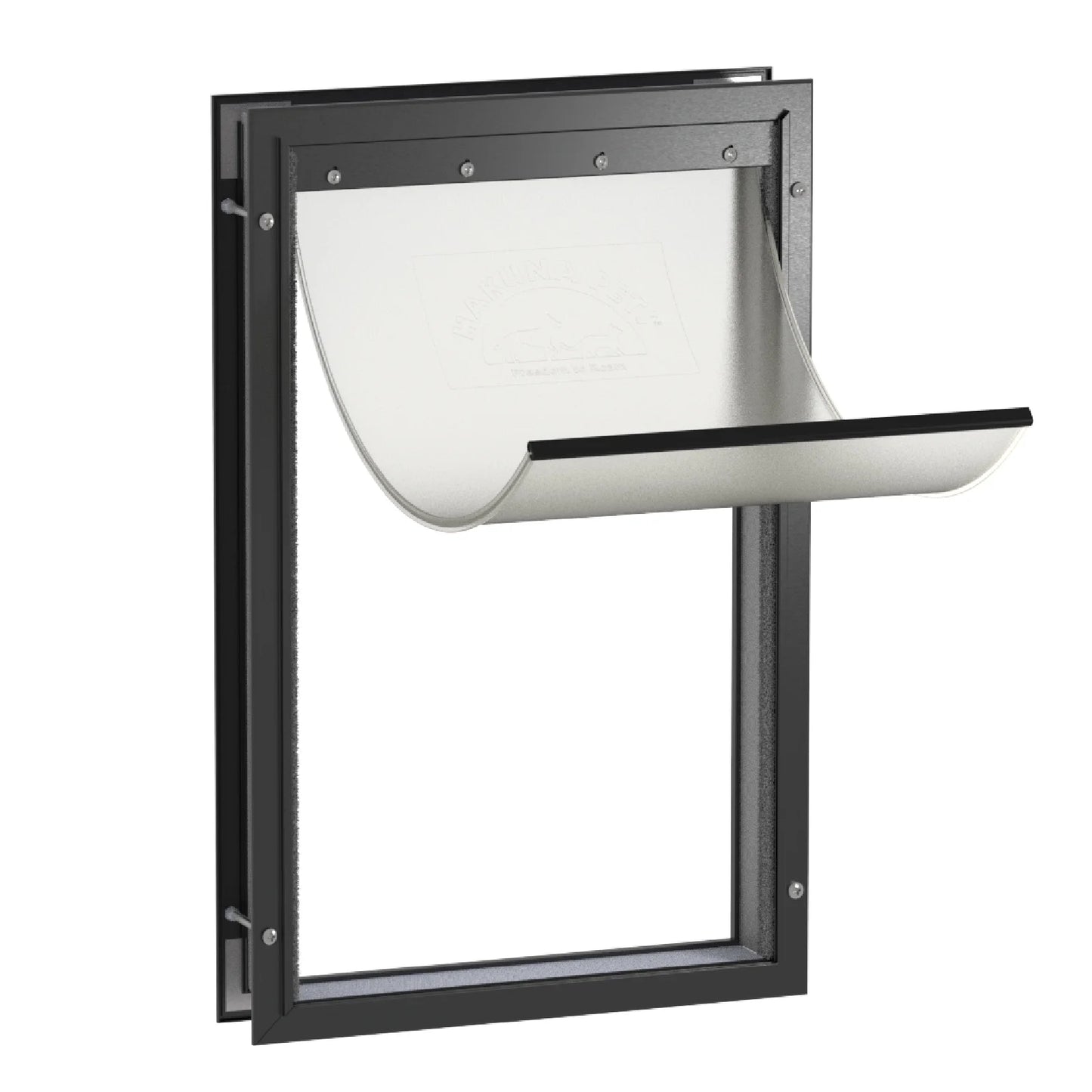 Pet Door with a White Interior and Black Exterior Frame on a white background.