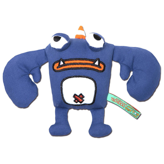 Blue plush toy with a cartoonish design on a white background