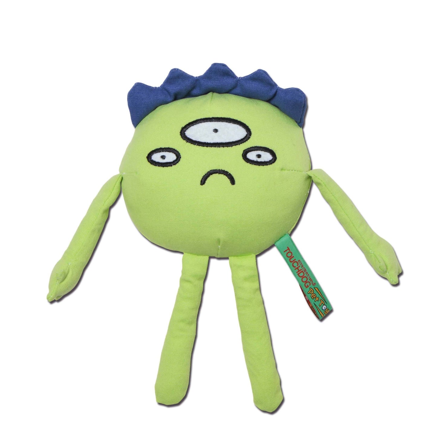 Green plush toy with a blue hat on a white background