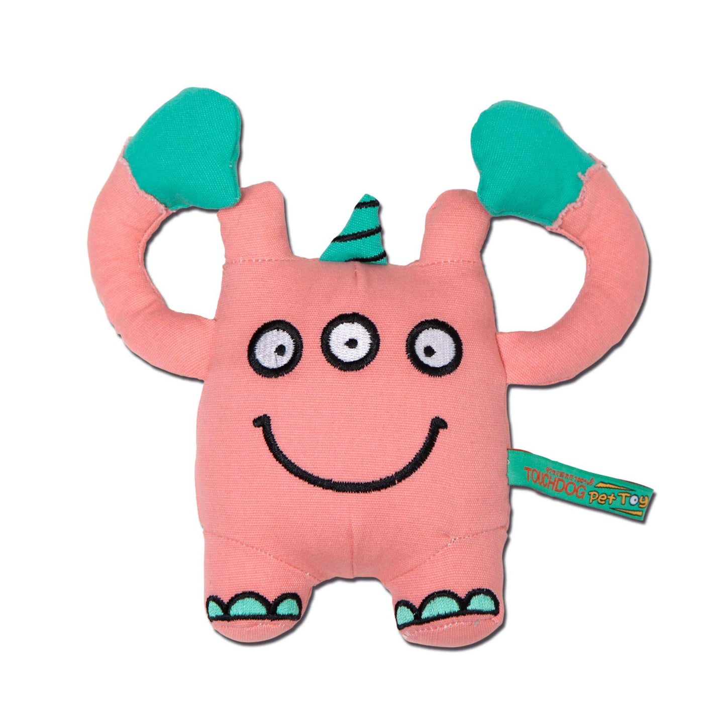 Pink plush toy with green accents on a white background