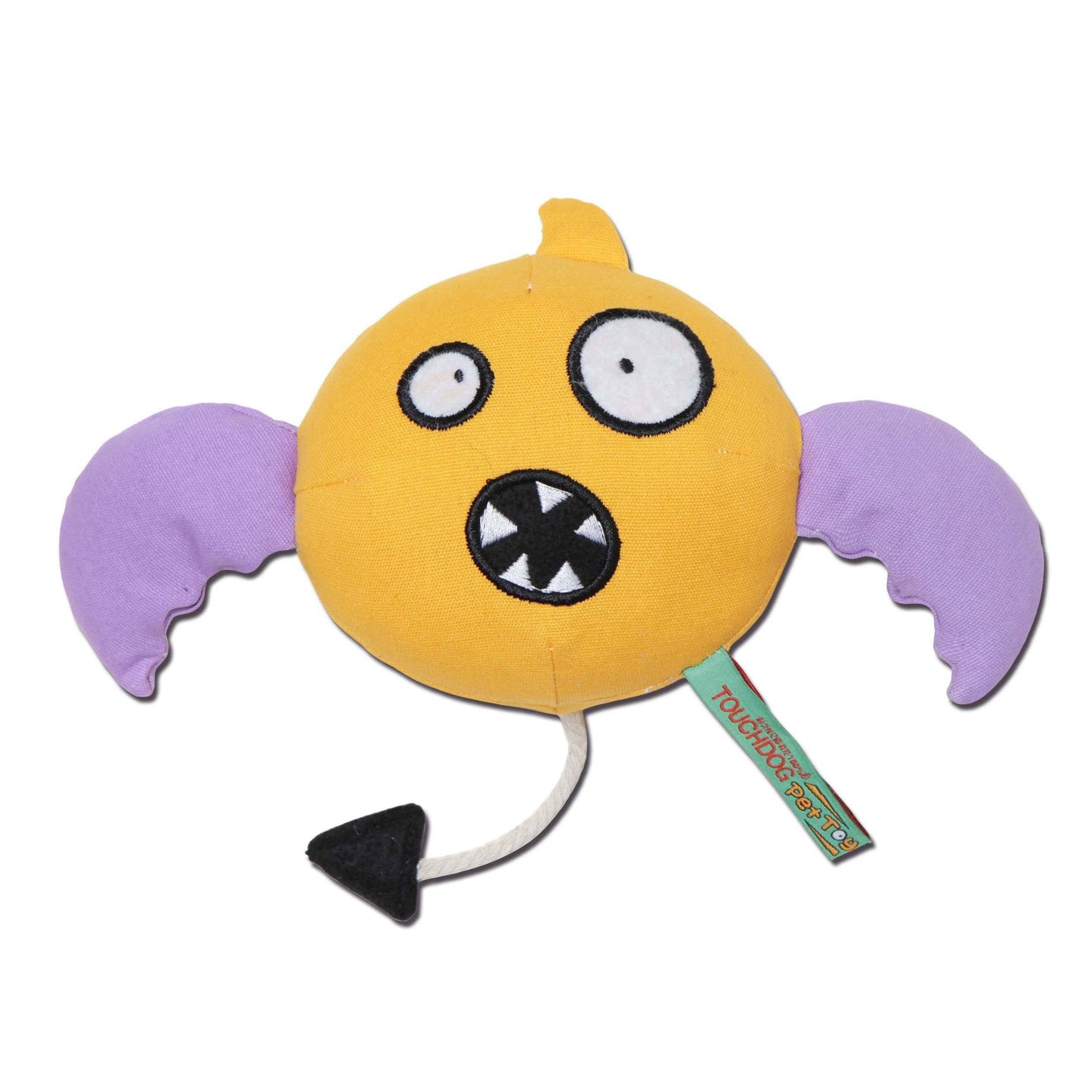 Yellow plush toy with purple wings and a surprised expression on a white background