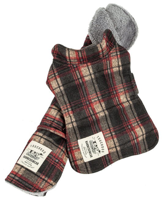 Plaid dog coat with gray hood on a white background