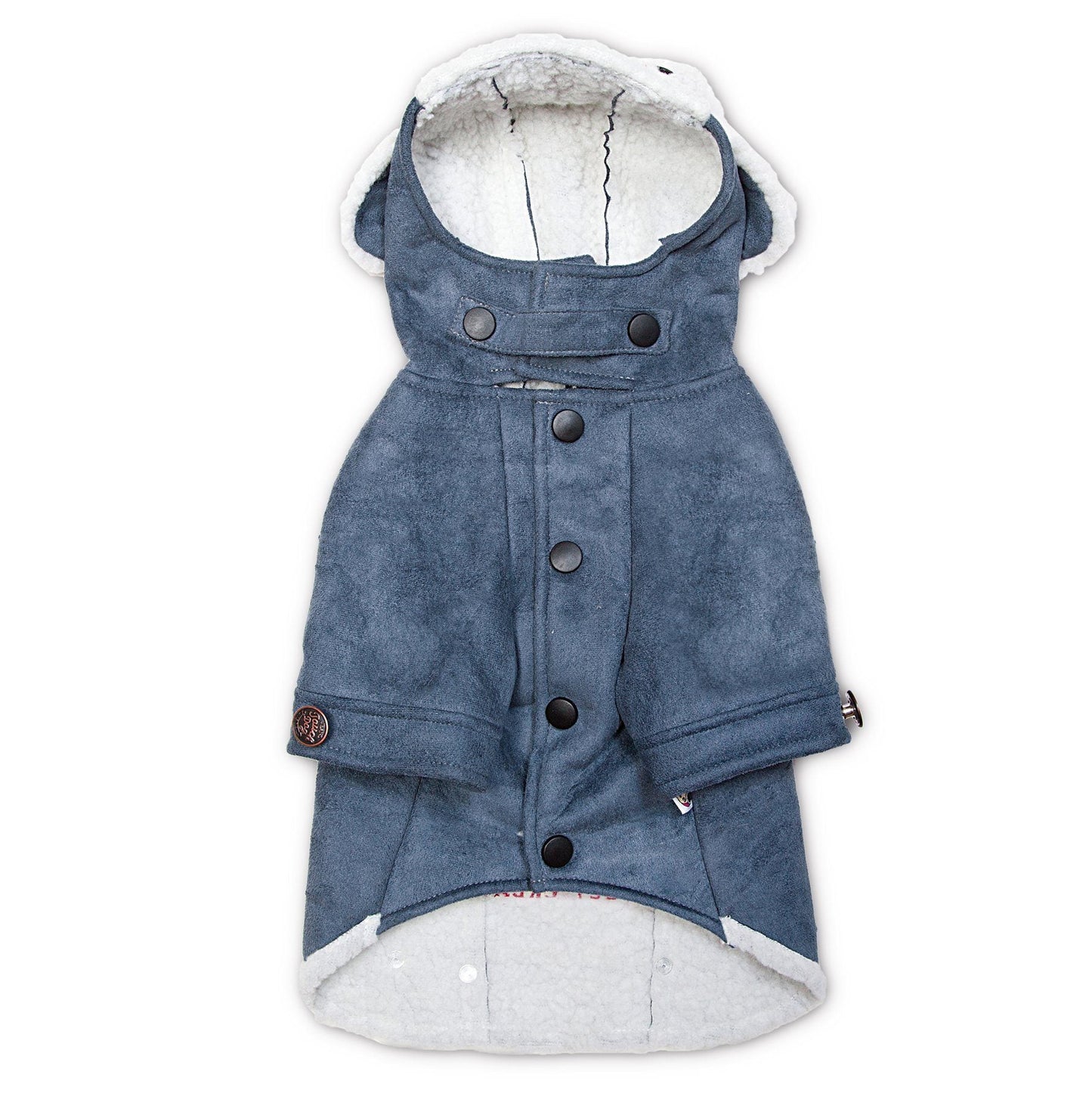 Blue denim-style dog coat with white lining on a white background