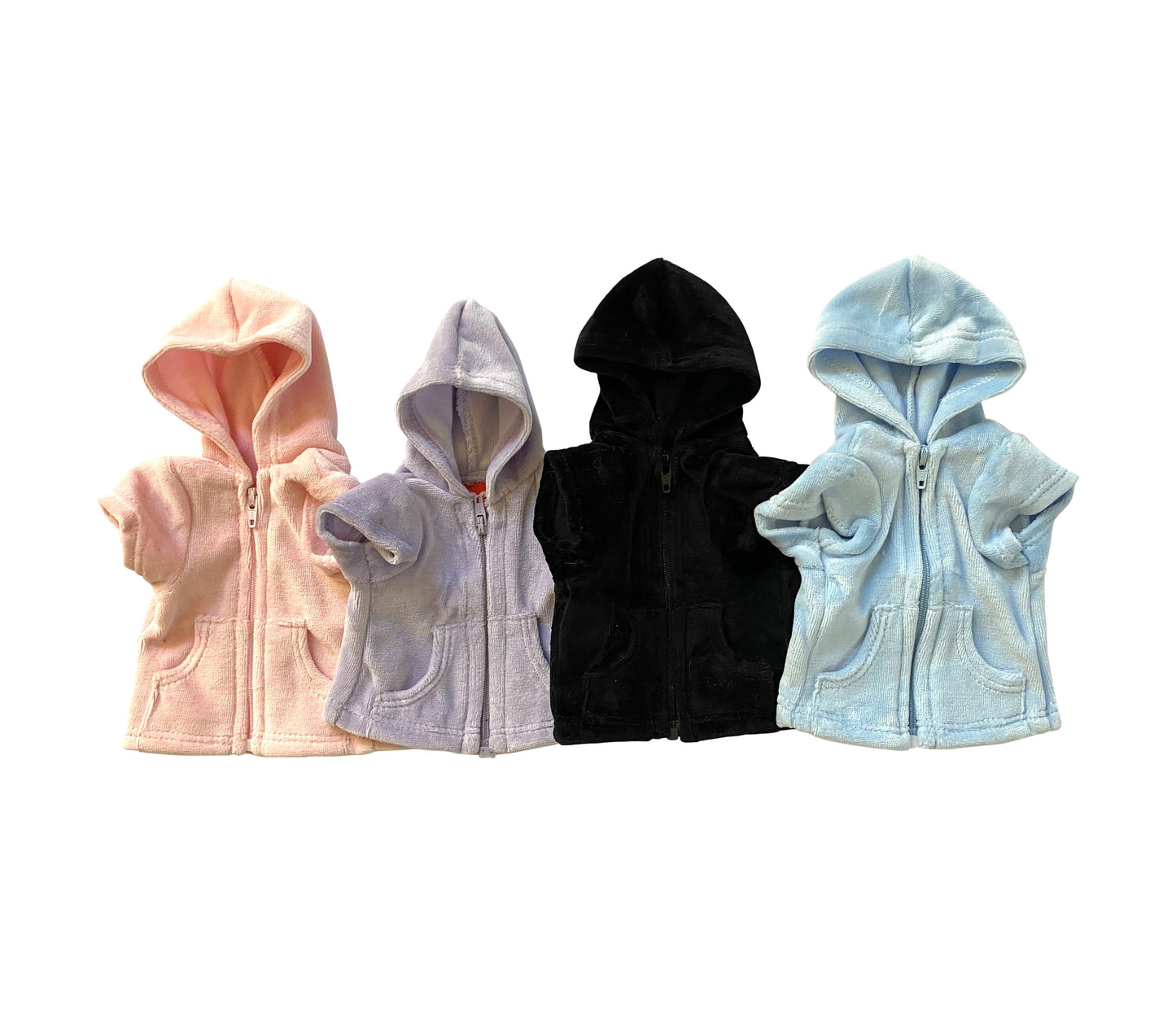 Four children's hoodies in different colors on a white background