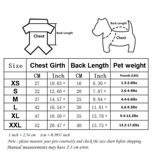 Size chart for pet clothing with measurements and weight guidelines.