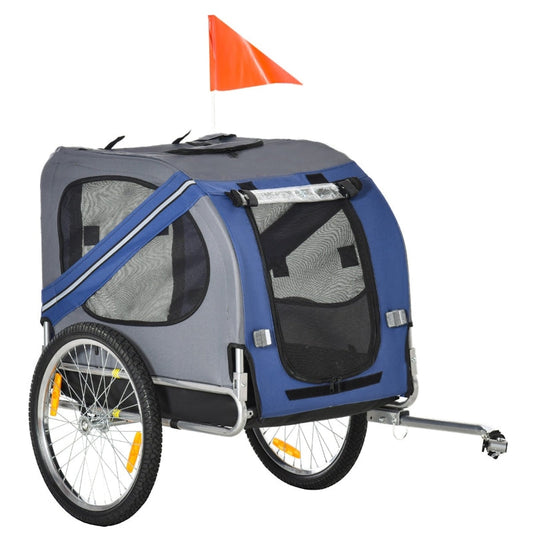 Blue and gray pet bike trailer with an orange flag on a white background