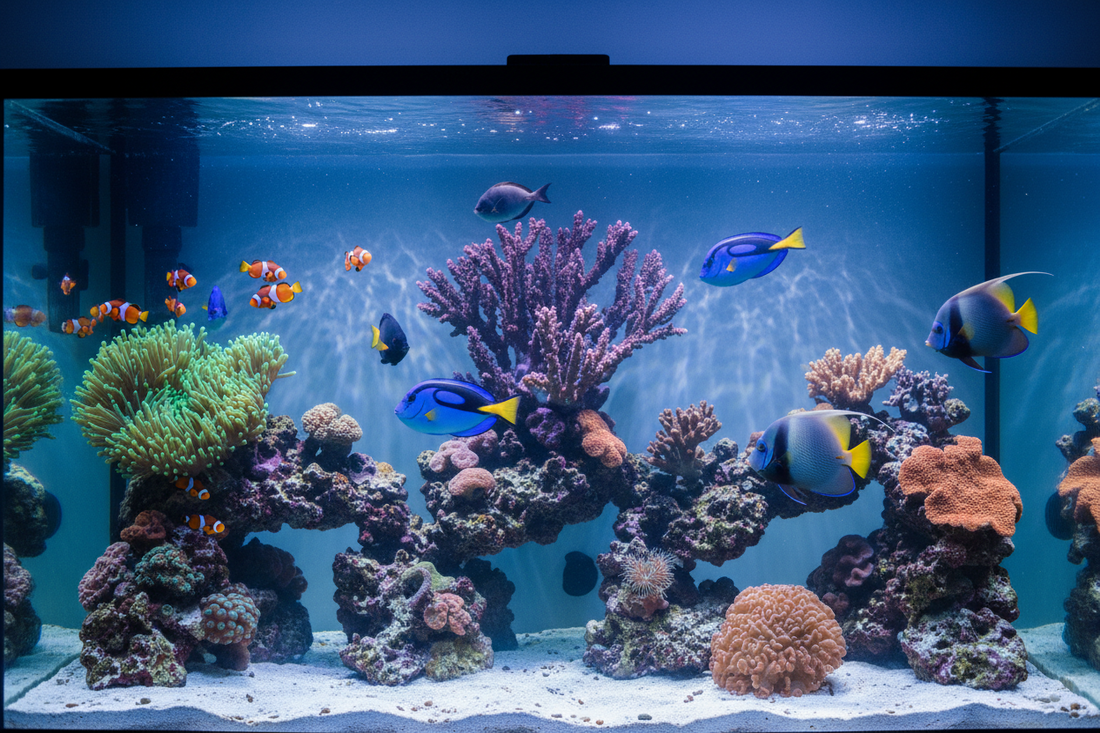 Saltwater aquarium containing beautiful fish.