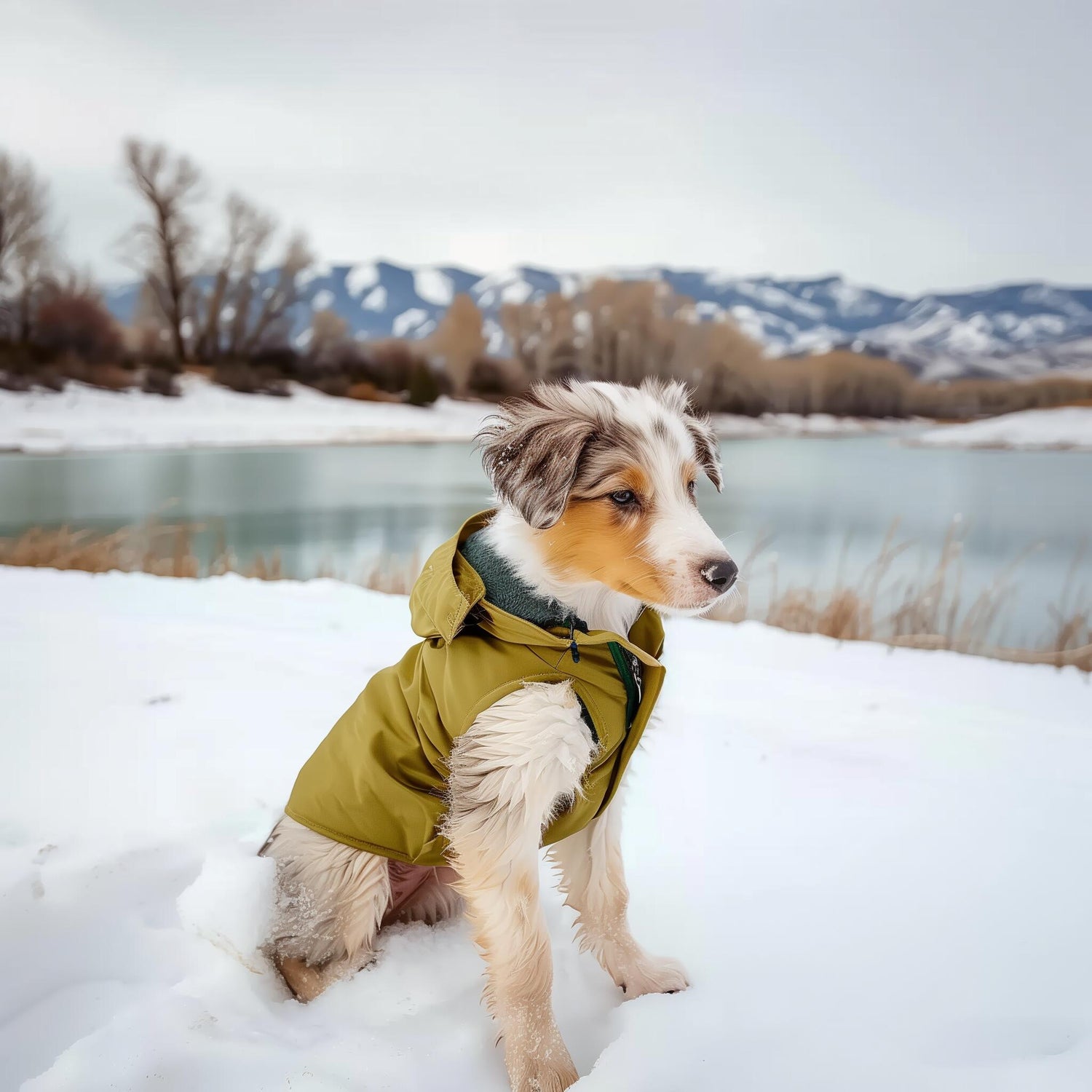 Dog wearing a winter dog vest with a mountainous background