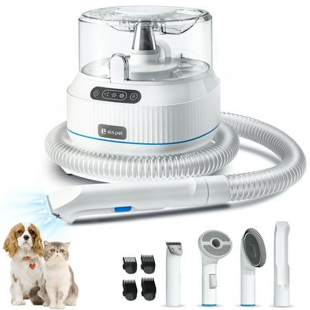 Pet grooming vacuum displaying multiple attachments and a dog and a cat on a white background.