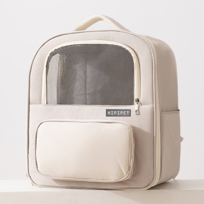 Beige backpack with mesh window and 'HIPIPET' branding on a light gray background