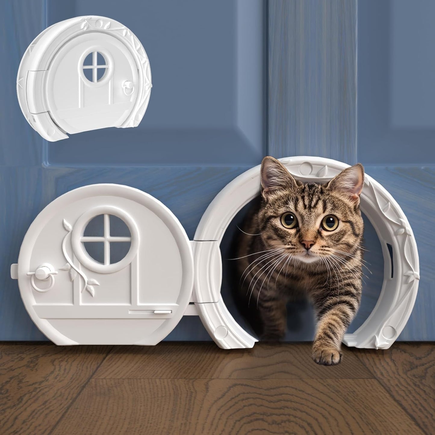 Cat peeking out from a white pet door on a wooden floor with a blue wall background.
