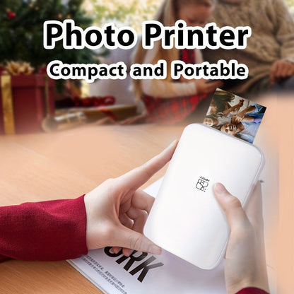 Compact photo printer being held by a person with text 'Photo Printer Compact and Portable'.
