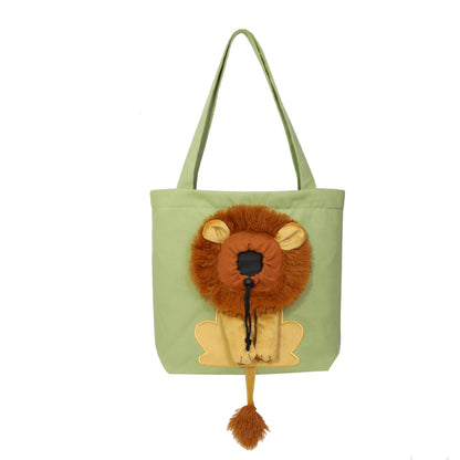 Green tote bag with a lion design on a white background