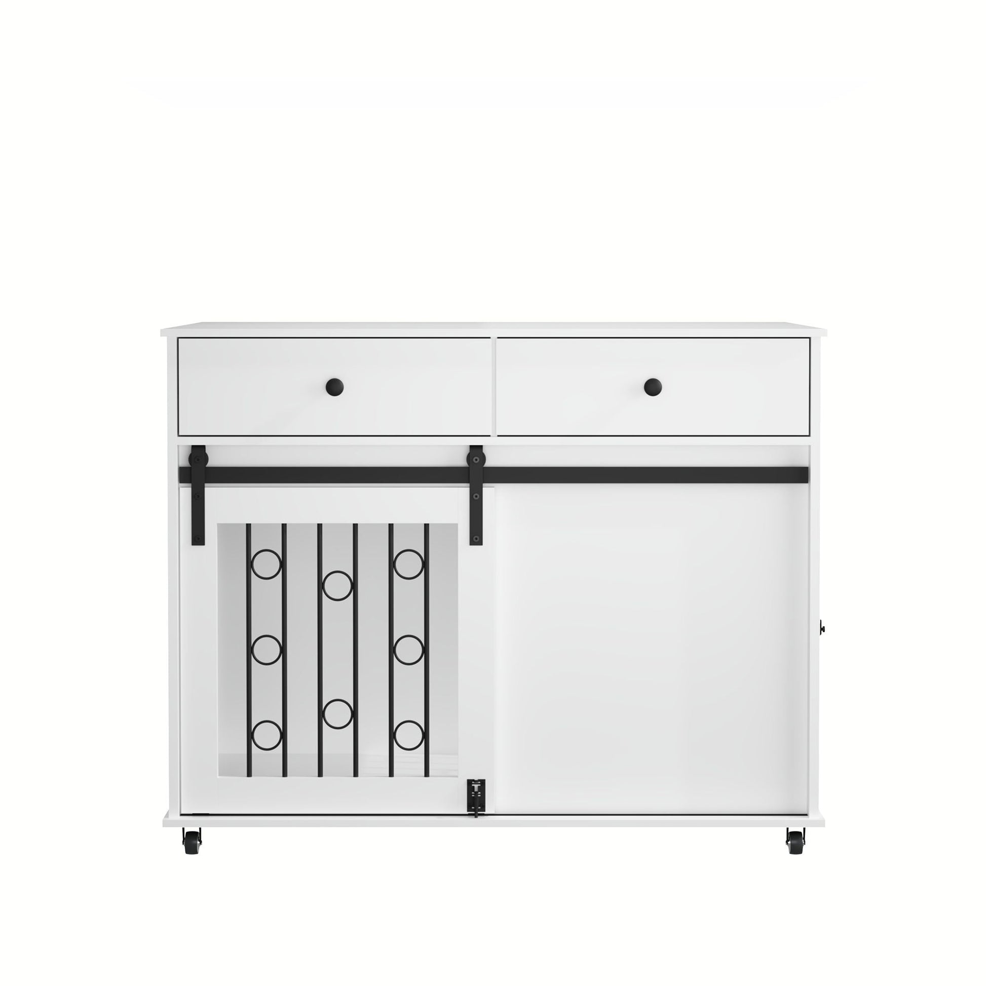 White bar cart with black accents on a white background