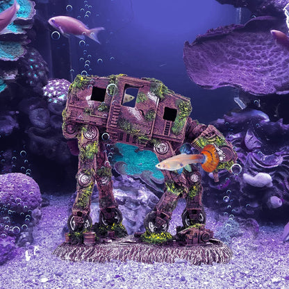 Decorative aquarium structure resembling a walking robot with fish swimming around it.
