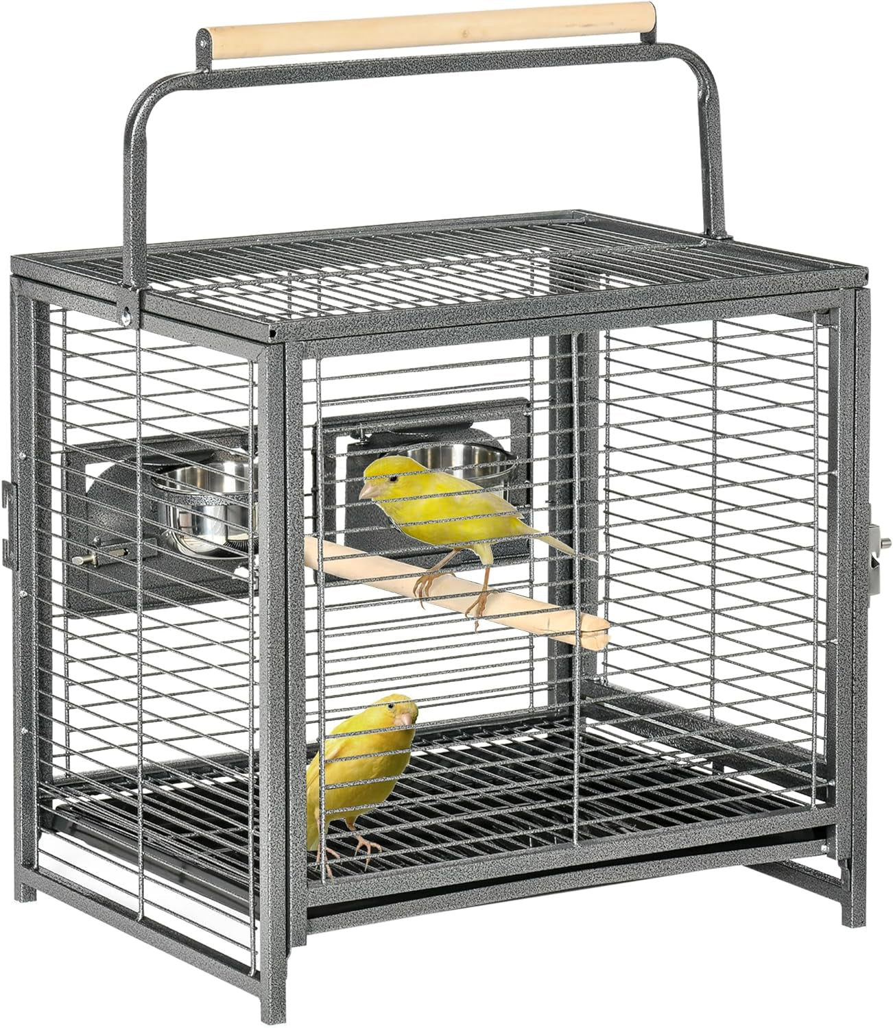 Bird cage with a yellow bird inside on a white background