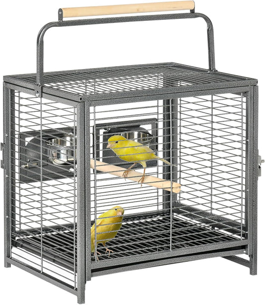 Bird cage with a yellow bird inside on a white background