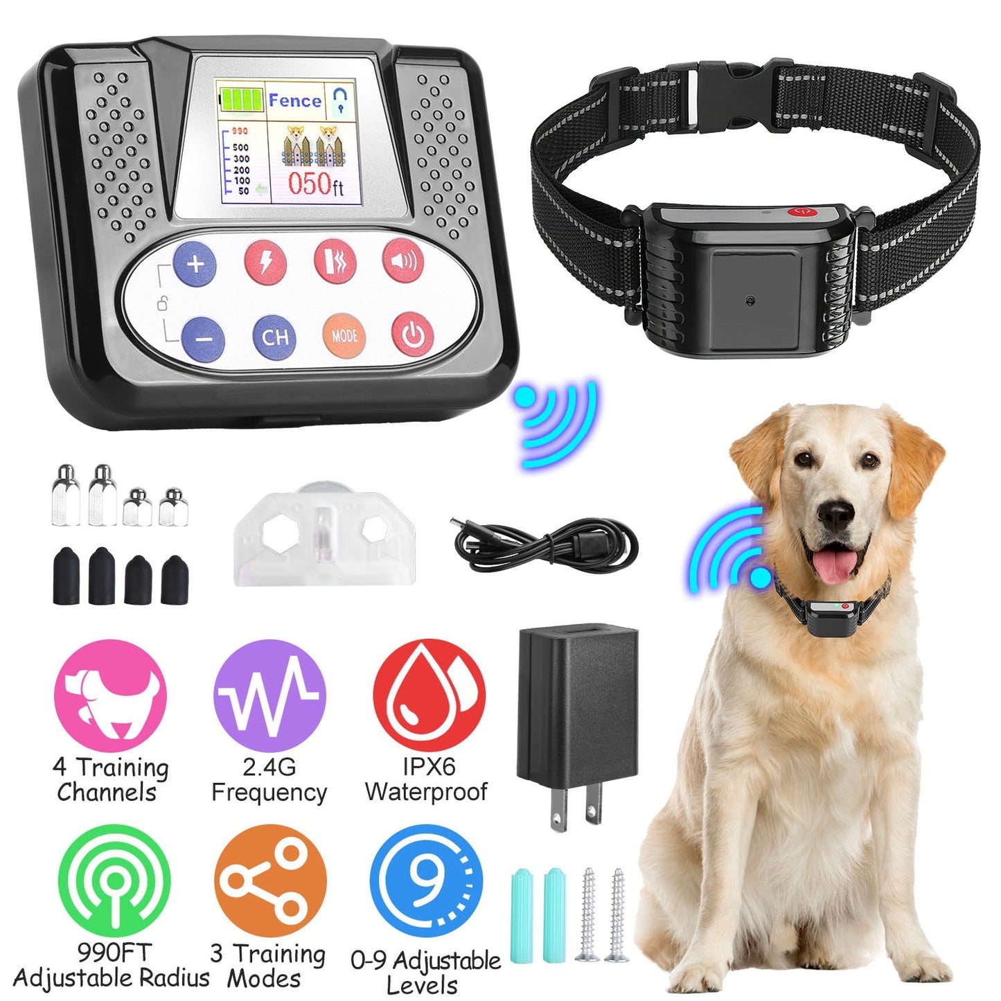 Dog training collar system with electronic components and a dog on a white background