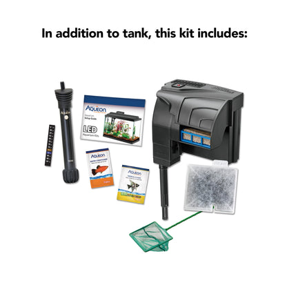 Aquarium kit with various components on a white background
