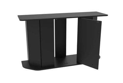 Black computer desk with a shelf on a white background