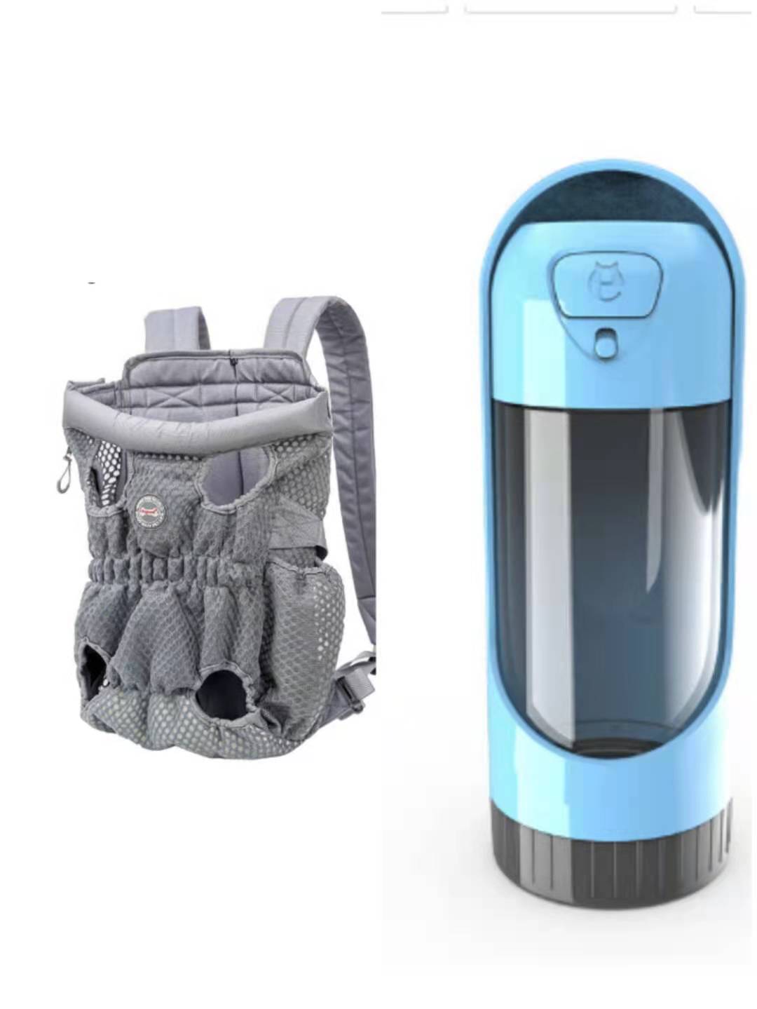 Gray pet carrier and blue water bottle on a white background