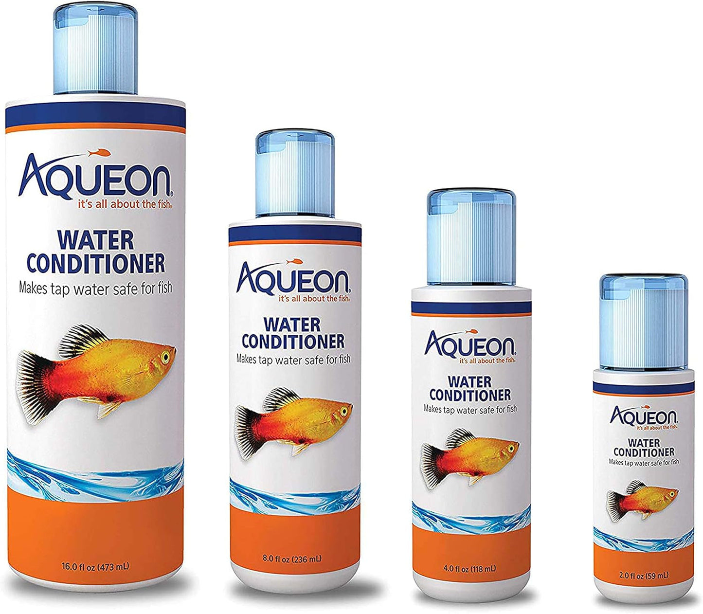 Four bottles of Aqueon Water Conditioner on a white background
