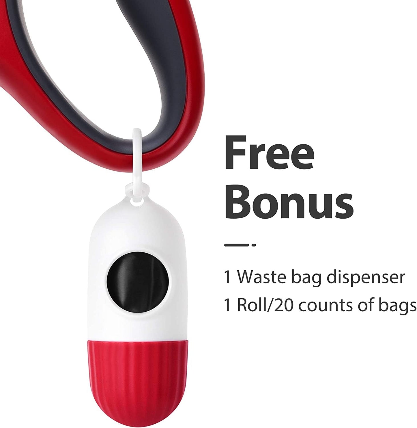 Red and white waste bag dispenser with text indicating a free bonus offer.