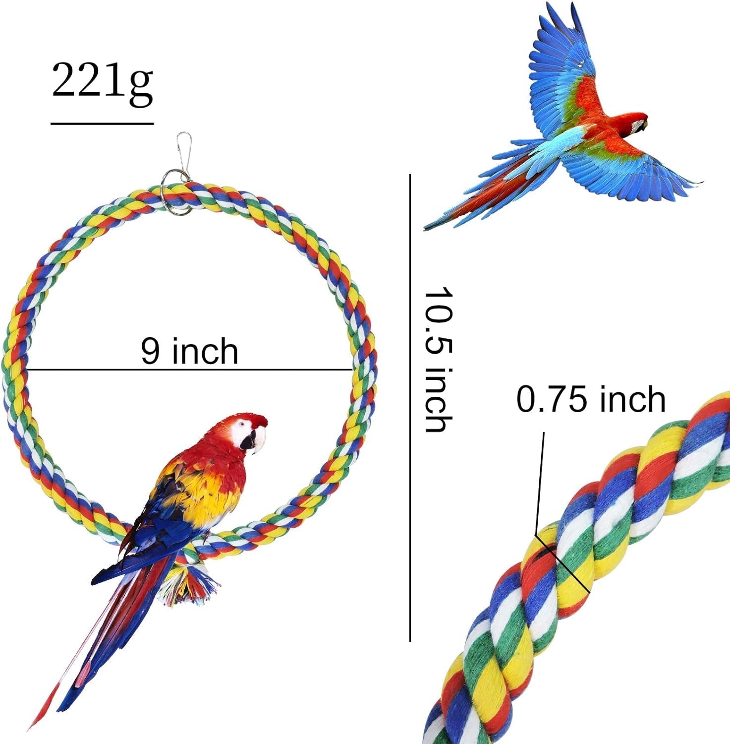Colorful parrot toy with measurements and a parrot on a white background