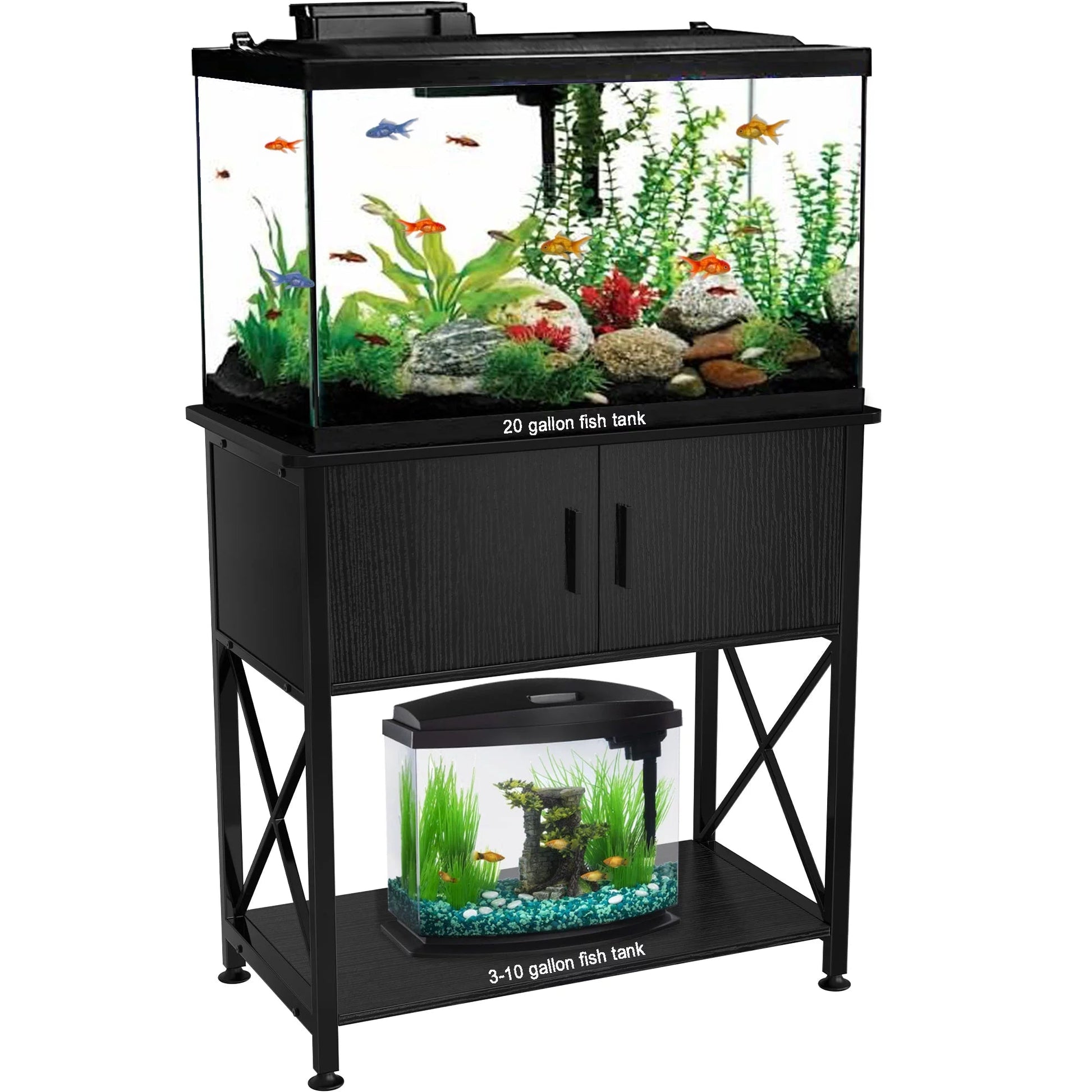 Fish tank with stand and smaller tank on a white background