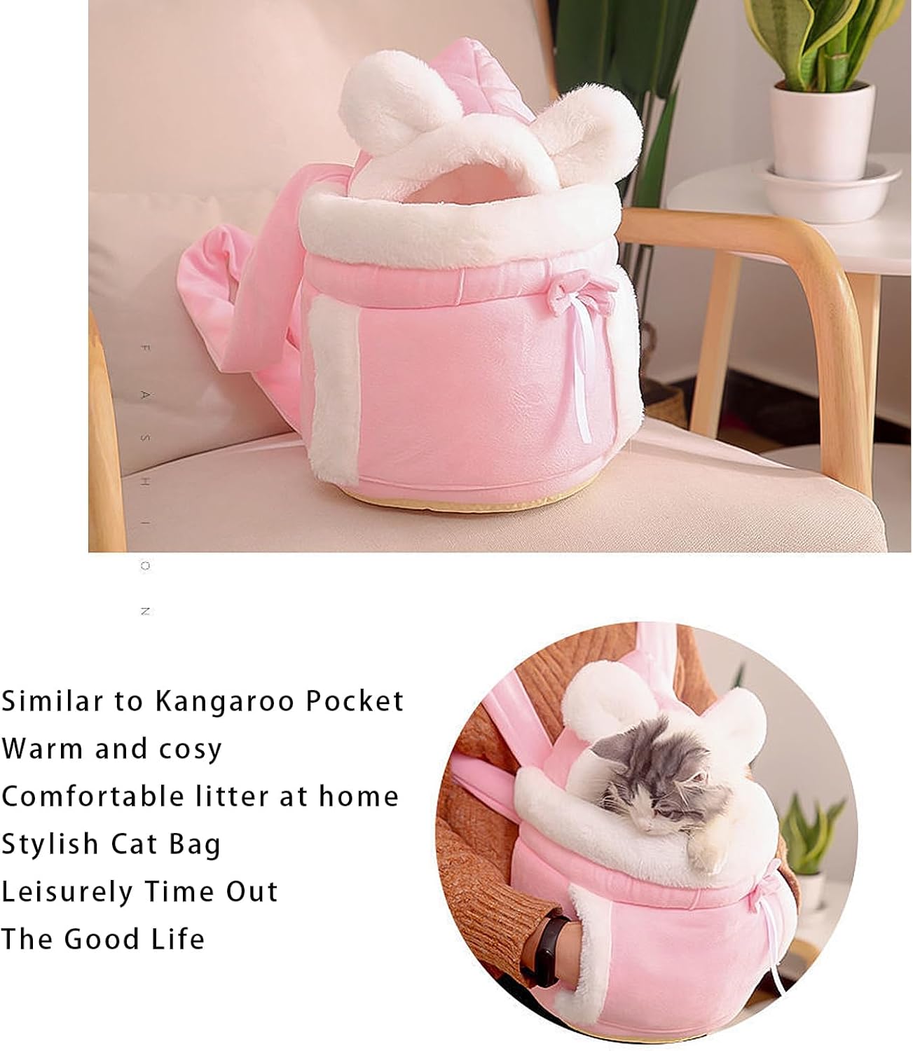 Pink cat bag with kangaroo pocket design on a chair, with text describing its features.