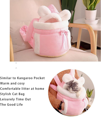Pink cat bag with kangaroo pocket design on a chair, with text describing its features.