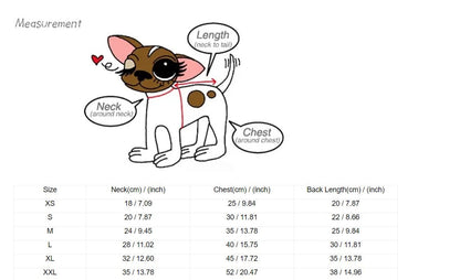 Measurement chart with a cartoon cat and size chart on a white background