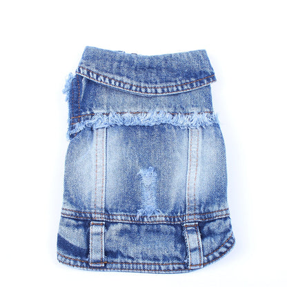 Denim dog dress with lace trim on a white background