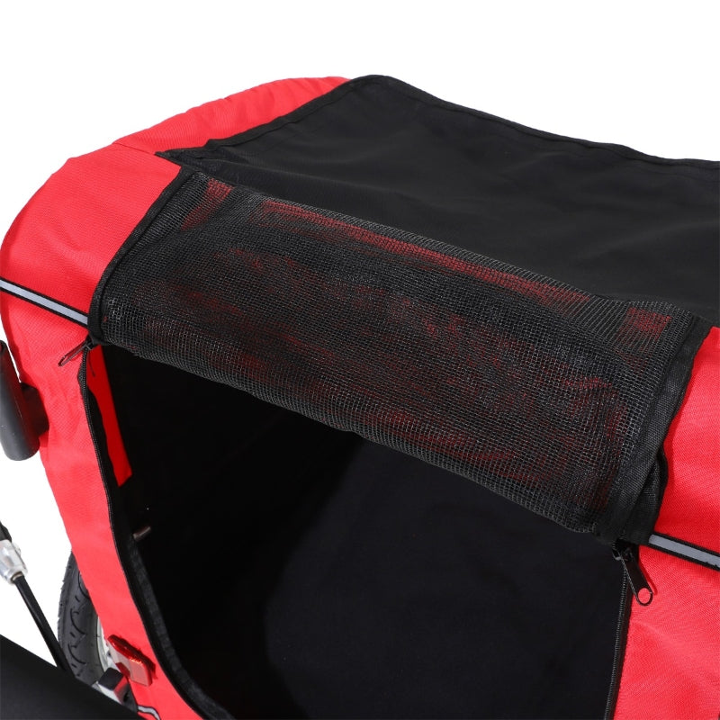Red and black stroller with a mesh cover on a white background