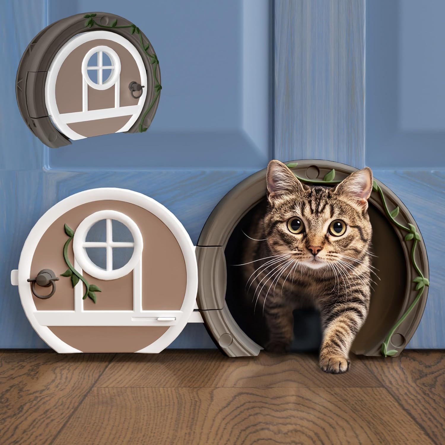 Cat peeking out from a decorative round door with a blue wall background