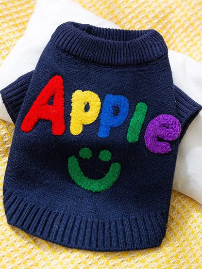 Navy blue knit sweater with colorful letters spelling 'Apple' on a yellow textured background