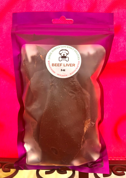 Package of beef liver treat with a visible brand label on a pink background