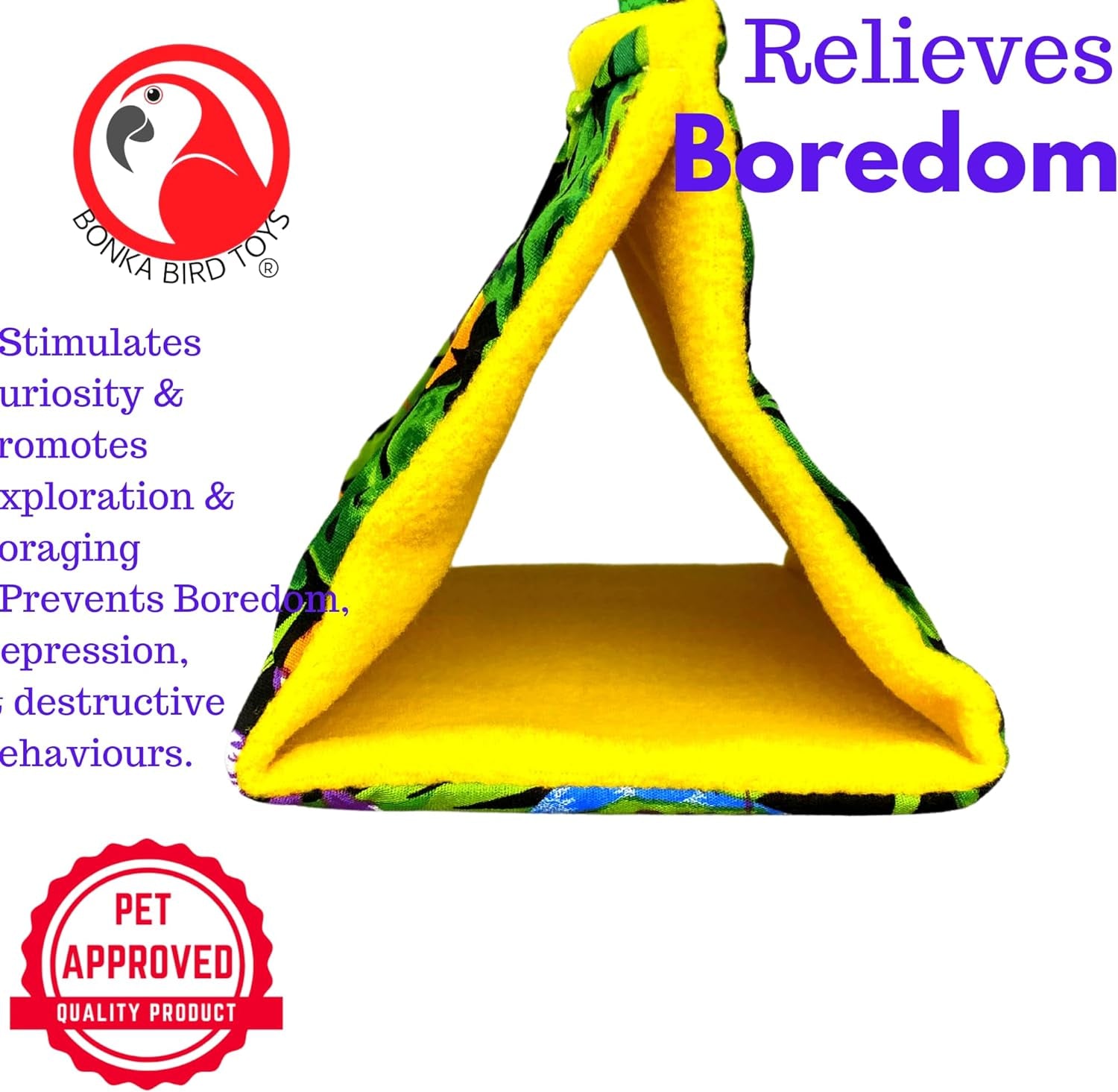 Bird play gym with text about benefits and Bonka Bird Toys logo.